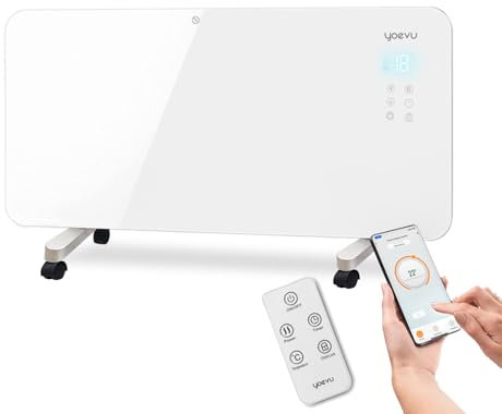 YOEVU | Radiador eléctrico bajo consumo 1500W | Programable con control móvil y WIFI | Termostato regulable | Soporte con ruedas | IP24 | Protección sobrecalentamiento | Blanco