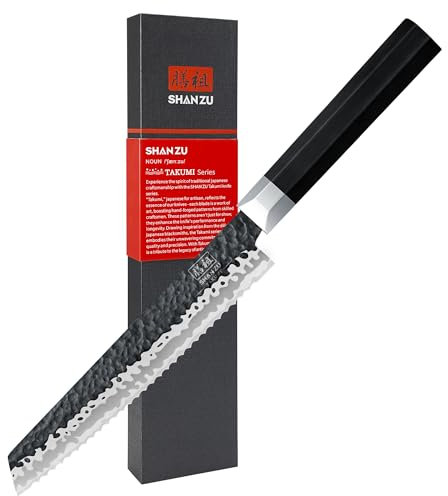 SHAN ZU Bread Knife 8 inch, Japanese 10Cr15MoV High Carbon Steel Professional Serrated Bread Cutting Knife - Ergonomic G10 Handle, Dishwasher Safe