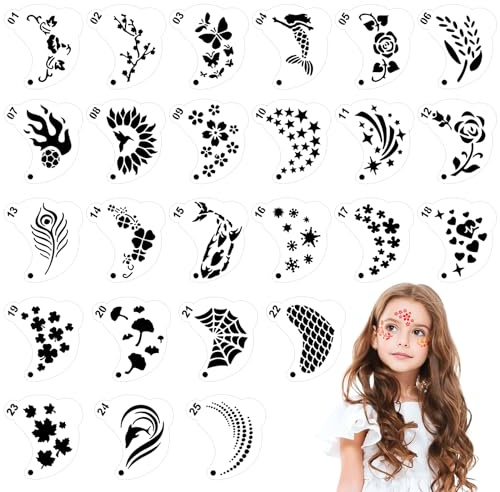 SRIZIAN 25 Stück Tattoo Schablonen, Wiederverwendbare Gesichtsfarben Schablonen, Augen Tattoo Schablonen Körper Farbe Schablonen für Kinder Party Feiertag Halloween Make up