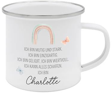 Bärenfreunde - Personalisierte Emaille Tasse Kinder mit hochwertigem Spezial-Druck – Bruchsicher, Leicht & Umweltfreundlich – Perfekt für Zuhause, Kindergarten oder Camping (Affirmation Regenbogen)