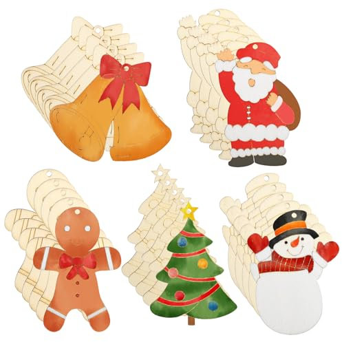LEMESO 50 pzs Adornos Colgantes de Madera con Cuerdas Decoración para Árbol de Navidad Manualidades de Tablas para Pintar Adornos Navidad