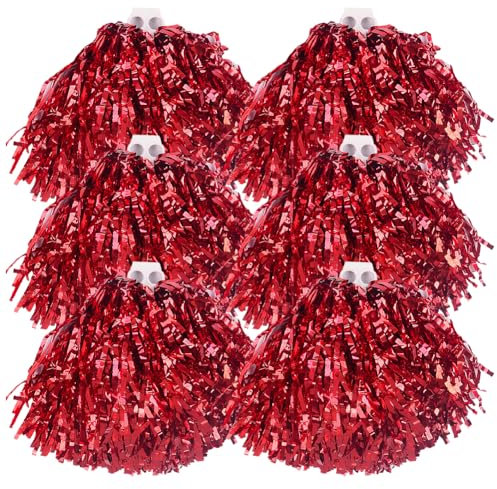 Glitzernde Cheerleader-Pompons, metallische Folie, Pompons, glänzende Pompons, flauschige Tanz-Pompons, glitzernde Cheerleader-Pompons mit Kunststoffgriffen für Sportteam, Rot, 6 Stück