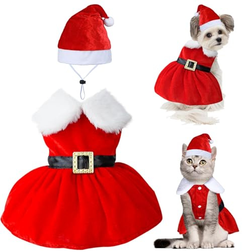 Hunde Weihnachtskostüm Rot, Haustier Weihnachtskostüm Plüsch, Katzen Weihnachtskostüm, Weihnachtsmütze Hund, Dog Christmas Outfit, Weihnachtskostüm für Kleine bis Mittelgroße Hunde und Katzen (Rot-M)
