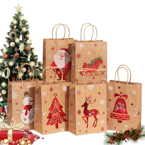 Cveenk 24 Stück Geschenktüten Weihnachten, Personalisierte weihnachtstüten Papiertüten mit Griff, Weihnachtstaschen Kraftpapiertüten Geschenktasche für Weihnachten Partys (21 x 15 x 8 cm)