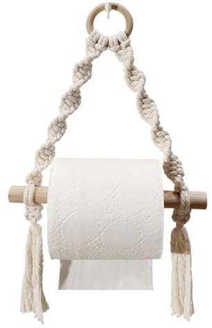 Boho Toilet Roll Holder, Macrame Wall Hanging Toilet Paper Holder, Wooden Paper Towel Holder Wall Mounted, Cotton Rope Hanging Toilet Tissue Paper Roll Holder Towel Rack for Bathroom Kitchen