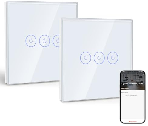 BSEED Smart ZigBee Interruptor 3 Gang 2 Vías, Interruptor de Pared Inteligente con Alexa y Google Home, Interruptor Táctil (Cable Neutro, Hub Gateway necesario) Blanco