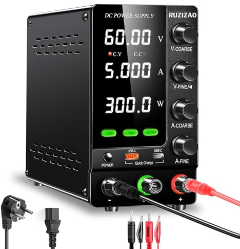 RUZIZAO Fuente de Alimentación Regulable 60V 5A Alimentación de Laboratorio con OCP/OVP/Output/Codificadores/18W USB de Carga Rápida, Fuente de Alimentacion de Banco para Pruebas/Carga de Baterías
