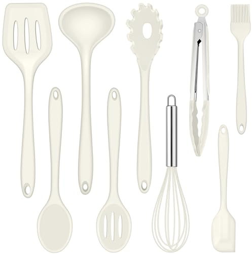 Joyfair Köksredskapsset, 9 stycken köksredskap silikon, värmebeständiga köksredskap, köksredskap, set med stekspade visp, grilltång, non-stick köksbestick för matlagning och bakning – vit