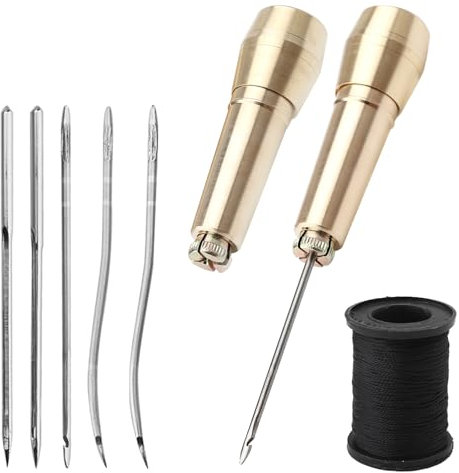 HENGBIRD 2 Set Ledernadel Nähset Kupfergriff Nähahle Schuhreparaturwerkzeug Leder Schuhmacher von Hand Ahle mit 2 Messinggriff, 2 Gerade Nadeln, 2 Gebogene Nadeln, 2 Lochblende und 50m Schwarze Linie