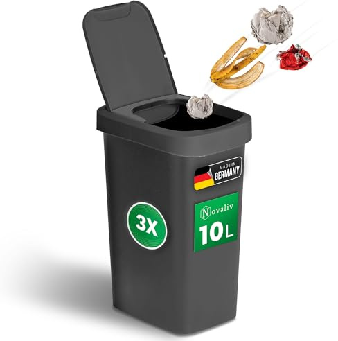 Novaliv 3er-Set Mülleimer 10L mit 2in1 Deckel, Klappdeckel & Schwingdeckel, Anti-Geruch Abfalleimer für Bad Badezimmer Küche Haushalt Büro, Müll Trash Bin Eimer Abfall Kunststoff Abfallbehälter