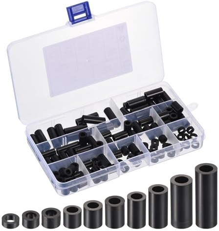 PATIKIL 100 Stück M5 ABS Abstandshalter Sortiment Kit, Rund Kunststoff Distanzhülsen Ohne Gewinde Säulen Unterlegscheiben Sortiment Kit mit Kunststoffbox, Schwarz