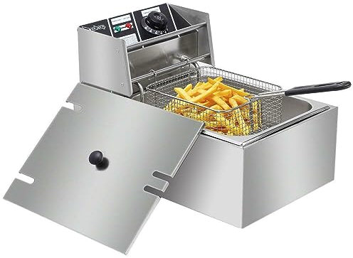 2500W Commercial Deep Fryer, 6L Electric Deep Single Fat Fryer with Basket and Lid, Stainless Steel Adjustable Temperature for Kitchen Resturant
