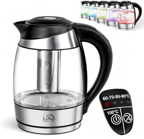 Bollitore in vetro con colino da tè, 1,8 litri, bollitore 2 in 1 + teiera, colore illuminazione a LED a scelta della temperatura 60 – 70 – 80 – 90 – 100 °C, 2200 W, cottura rapida