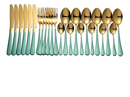 Ensemble de couverts en acier inoxydable, couverts dorés, fourchette moderne, couteau, couverts de cuisine noirs et dorés, ensemble de dîner 24 pièces, ensemble de couverts de table (vert et
