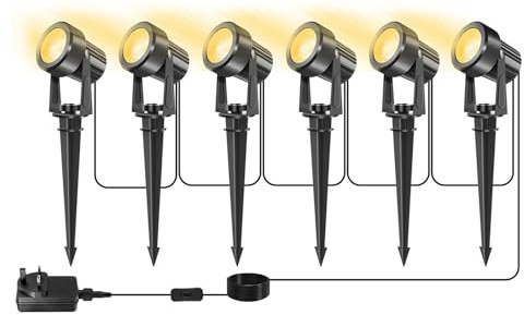 LED Garden Spotlights Mains Powered, 42.6FT/13M 6-in-1 LED Landscape Lights, IP65 Waterproof Warm White 3000K Outdoor Garden Spot Lights Pathway Spike Lights for Lawn, Yard, Patio, Driveway, Party