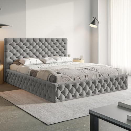 MOTIVENA Dalia Chesterfield Bett 200x200 Grau Samt, mit Stauraum, mit Kopfteil, mit Lattenrost, ohne Füße, ohne Matratze, Chesterfield Polsterbett 200x200 mit Bettkasten Grau (Hellgrau)