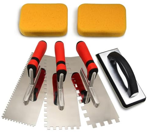 Fuhjythy 6 Piezas Herramientas para Azulejos, Juego de Llana Dentada Cuadrada de Acero Inoxidable, Llana y Esponja para Juntas para la Instalación de Azulejos.