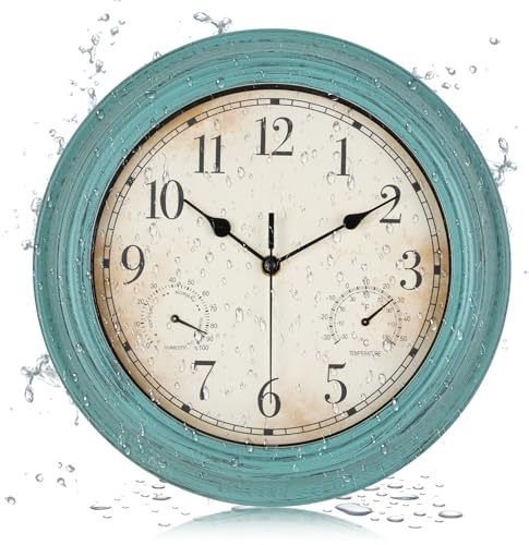LENAUQ Outdoor Garden Wall Clock, Waterproof Vintage Wall Clock with Thermometer And Humidity, 12 Inch/30cm Non-Ticking Weatherproof Hanging Clock for Patio, Pool, Porch, Garden, Bathroom, Turquoise