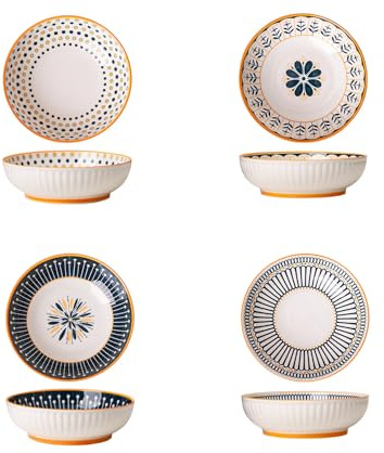 Coolcapis Stoneware Serving Bowls 9 (22.8cm) Set of 4 – Hand-Painted Ceramic Salad Pasta Soup Bowls, Embossed Exterior, Nordic Style Dinnerware, Microwave & Oven Safe, Dishwasher Safe