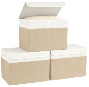 Bagnizer Fabric Storage Boxes with Lids & Handles 3PCS Collapsible Storage Basket Bins for Clothes Toy Small Storage Box Folding for Wardrobe Bedroom Office White&Beige 25x20x15CM