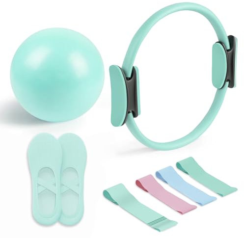 Pilates Essential Kit - Portable Fitness Equipment with Toning Ring, Long Resistance Bands, Loop Bands, Soft Ball & Grip Socks (Green)