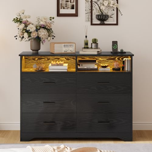 IRONCK Kommode Schwarz mit 6 Schubladen, Komodenschrank mit LED-Streifen und 2 Steckdosen, 1 USB+1 Typ-C-Anschlusse, Schubladenschrank für Schlafzimmer, Wohnzimmer, Arbeitszimmer Flur, 120cm Breite