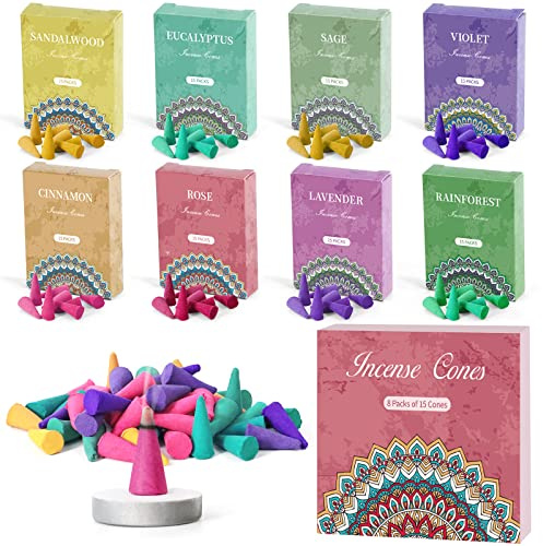 Scent-Hi Incense Cones with Incense Holder, Incense Cone for Home, Yoga, Meditation, Purification, 120 Cones - 8 Scents, Sage, Violet, Lavender, Cinnamon, Sandalwood