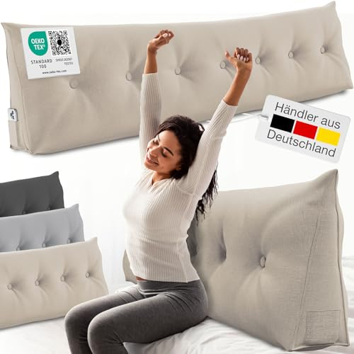 ELONEO Rückenkissen 200 cm breit, Keilkissen für Bett und Sofa geeignet, dreieckiges Lesekissen, Kissen mit abnehmbarem und waschbarem Bezug, mit praktischem Seitenfach