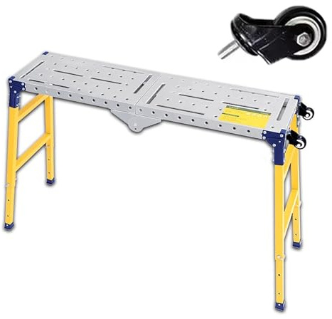 Ponteggio telescopico Portatile con Ruote girevoli, ponteggi Regolabili per Terreni Irregolari, Rampe di Accesso e Scala Pieghevole, Piattaforma di Lavoro da 120 cm