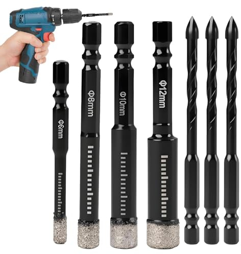 7 Pcs Porcelain Tile Drill Bit Set, Diamond Drill Bit 6mm Tile Drills Bits, 6/8/10/12mm Diamond Drills Bits for Porcelain Tiles, Suitable for Granite Marble Stone and Ceramic