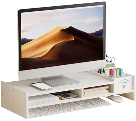 Soporte Para Monitor De Computadora: Elevador De Pantalla De Madera, Organizador De Escritorio Duradero Con Gestión De Cables Y Cajón De Almacenamiento | Accesorio De Estación De Trabajo Para Oficina