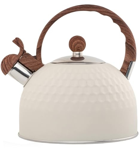 Bouilloire à thé sifflante avec poignée en bois Théière en acier inoxydable à texture martelée de 2, 5 L Théière blanche au lait sans odeur pour cuisinière induction Décoration de vacances