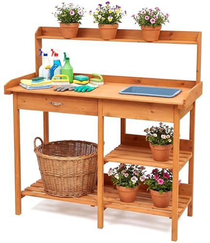 Garden Potting Table with Removable Sink Drawer, Sturdy Wooden Potting Bench Outdoor Workstation with Storage Shelf for Gardening, Patio, Balcony,110x41x121cm
