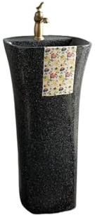 Sockelwaschbecken Schwarzes Keramik-Standwaschbecken mit Armatur und Ablaufgarnitur, einteilige Beckeneinheit for den Innen- und Außenbereich