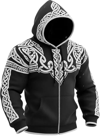 YOSUWOAI Sweat à capuche zippé Viking pour homme Mythologie nordique Viking Tatouages imprimés Veste de survêtement vintage Pull à capuche Sweat-shirt décontracté avec poches Veste à capuche punk, O