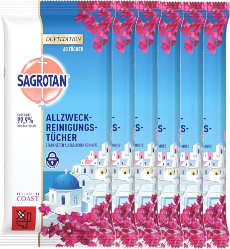 Sagrotan Allzweck-Reinigungstücher Floral Coast – Hygienische Allzweck-Reinigungstücher (6 x 60 Stück)