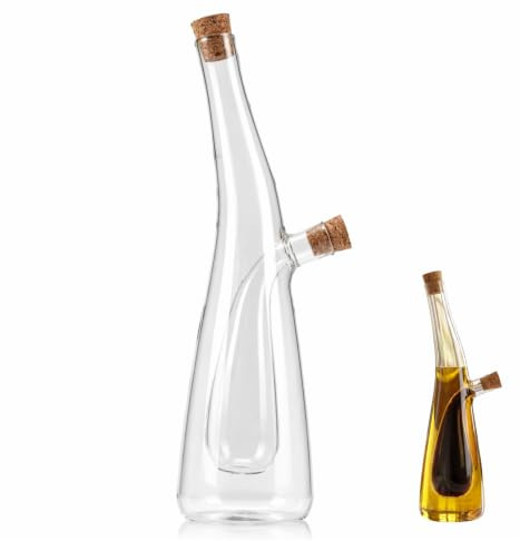 Meralo Premium Glass Oil and Vinegar Dispenser Set, 2-in-1 Dual Storage Drizzler Bottle with Cork Stoppers for Kitchen Cooking, Elegant Curved Design (280ml + 90ml)