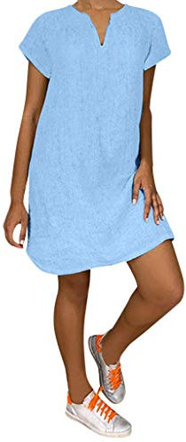 Lazzboy Damenmode Lose Freizeit V-kragen Kurzarm Damen Leinenkleid Sommer V-ausschnitt Kleid Boho Sommerkleid Leinen Kleider Strandkleider A-linie(Blau,S)