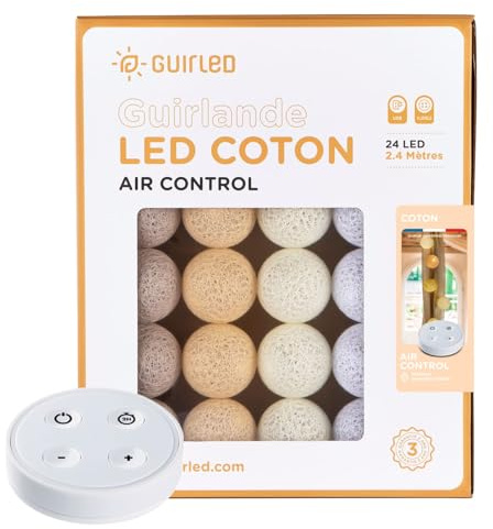 GuirLED - LED Baumwollkugeln Lichterkette USB - Drahtlose Fernbedienung - Baby Nachtlicht 2h - Dual USB 2A Netzteil enthalten - 4 Intensitäten – 24 Kugeln 2.4m - Baumwolle