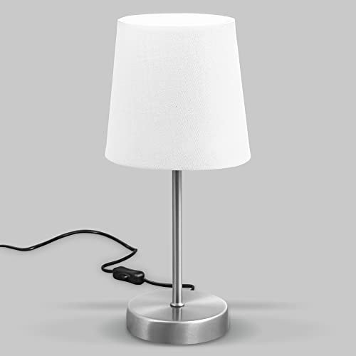 B.K.Licht Lampada da comodino, Lampada da tavolo con paralume in tessuto bianco, adatta per lampadina E14 non inclusa max 25W, altezza 30.8cm, abat-jour per camera con interruttore sul filo, IP20