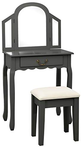 vidaXL Paulownia-Holz Schminktisch mit Hocker Spiegel Frisiertisch Kommode Kosmetiktisch Frisierkommode Schlafzimmer Grau 65x36x128cm MDF