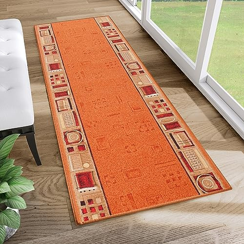 TAPISO Anti Rutsch Teppich Läufer rutschfest Brücke Meterware Modern Orange Rot Beige Figuren Design Meliert Flur Küche Wohnzimmer 80 x 140 cm