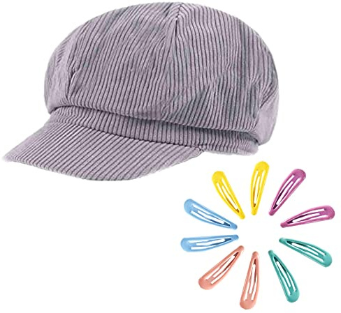 B-HOT Damen Newsboy Cap Baker Boy Ladies Cord, Flatcap Visor Cabbie Baskenmütze Schirmmütze mit 10 Haarspangen, grau, Einheitsgröße