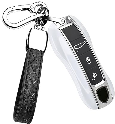 HIBEYO samrt Autoschlüssel Hülle passt für Porsche mit Schlüsselanhänger Schlüsselbox Schutzhülle für Porsche Macan Boxster Carrera Taycan 911 971 Panamera Cayenne ABS 3 Tasten-Weiß