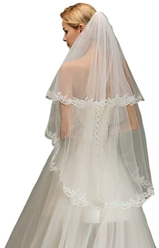 IYOU Weiß Hochzeit Braut Schleier 2-stufig Blume Tüllschleier Spitze Applikationen Fingerspitze Länge Brautschleier mit Kamm zum Frauen (Elfenbein)