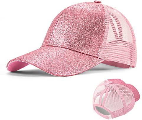 Mädchen Basecap Kinder Glitzer Baseball Cap Pferdeschwanz Hüte Glänzende Verstellbare Sonnenhut Kleine Mädchen Sommer Baseballkappe für 3-8 Jahre alt Rosa