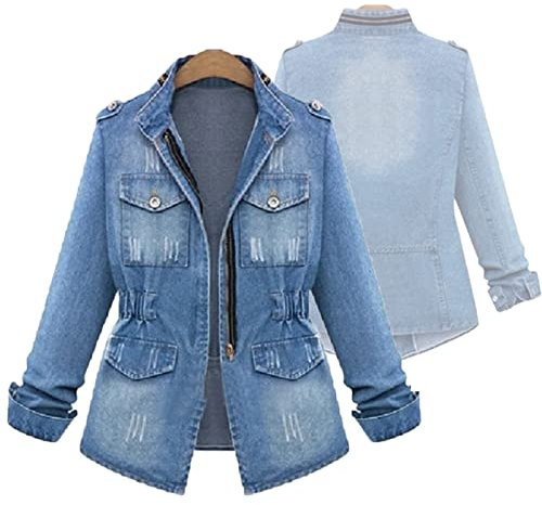 Denim Jacke Komfortable Übergangsjacke Damen Warme Herbst Winter Übergangsjacke mit Vielen Taschen Feldjacke Retro Bomberjacke mit Stehkragen,Blue,XXL(Bust:110cm)
