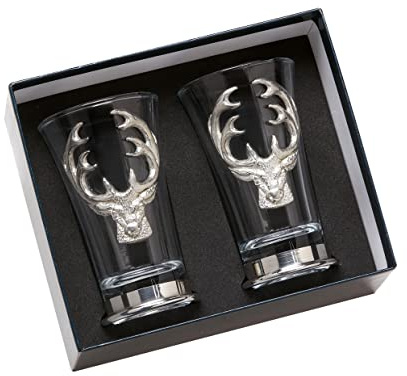 Pair of Lead Free pewterware Mounted stag's Head or Pheasant Shot Whisky Glasses in a Presentation Box (Stag's Head)