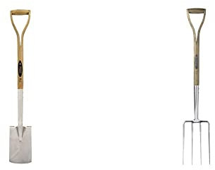 Spear & Jackson Traditional Stainless Steel Border Spade with 712mm Wooden Handle & 4550DF Traditional Stainless Steel Digging Fork