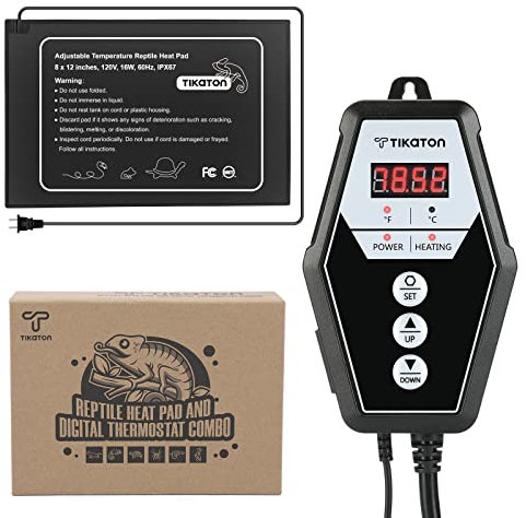 Tikaton Kit combiné coussin thermique pour reptiles et thermostat numérique chauffant sous le réservoir pour réservoir 10-20 gal/30-40 gals Tapis thermique pour terrarium pour tortue/serpent/